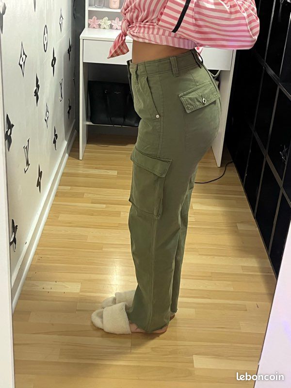 Pantalon Cargo BHS Y2K Vert Olive - Taille 14 Court - Femme - Style Combat Poches