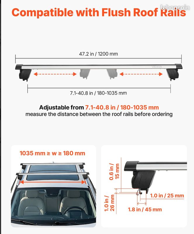 2 Barres Transversales de Toit - Charge 100 kg - 128 cm - Ăcartement 22-106 cm, en Aluminium - Neuves â Livraison gratuite en 5 jours en France â â â (image 2)