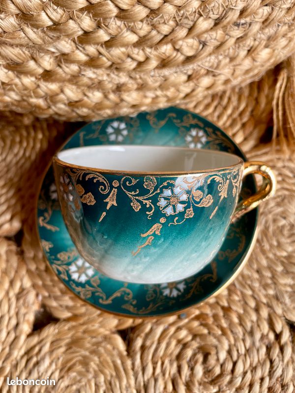 Ancien Service à Café KG Luneville Badonviller - 4 Tasses Et Soucoupes Blanc Et Bleu