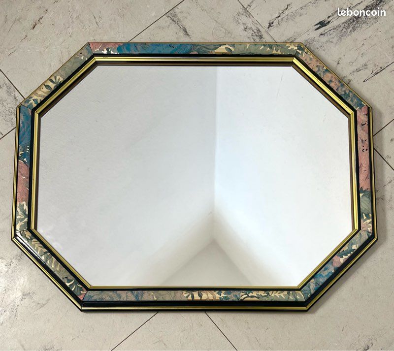 Miroir octogonal au joli décor fleuri + liseré doré, en bois, vintage et tendance (image 9)