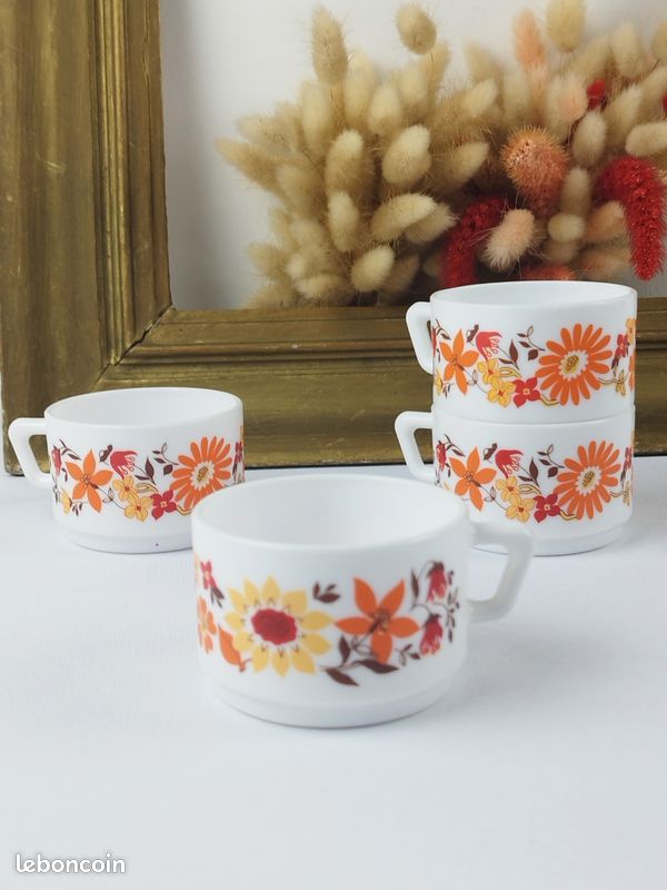 Lot De 4 Petites Tasses Vintage Arcopal - Motif "Moi J'aime La Pause Café" - Occasion