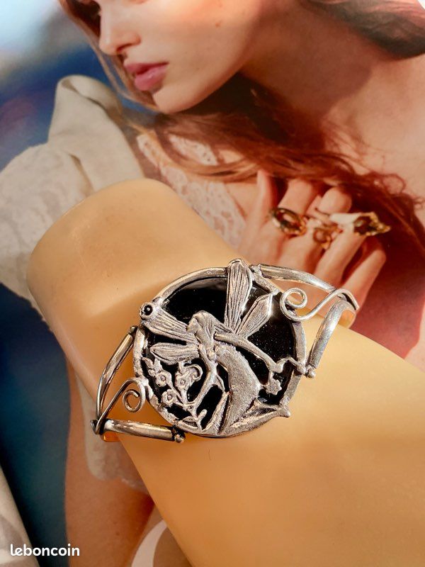 Bracelet Cubiste Vintage Années 50 – Métal Argenté – Visage Sculpté