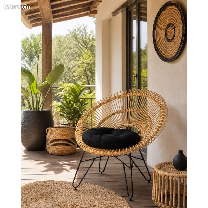 DESTOCKAGE - Fauteuil en Rotin "Oslo" avec Coussin Noir - Chaise pour Extérieur ou Intérieur - Pied (image 2)