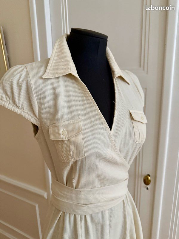 Robe cache-cœur écrue en lin mélangé, ceinture à nouer, taille M (image 2)