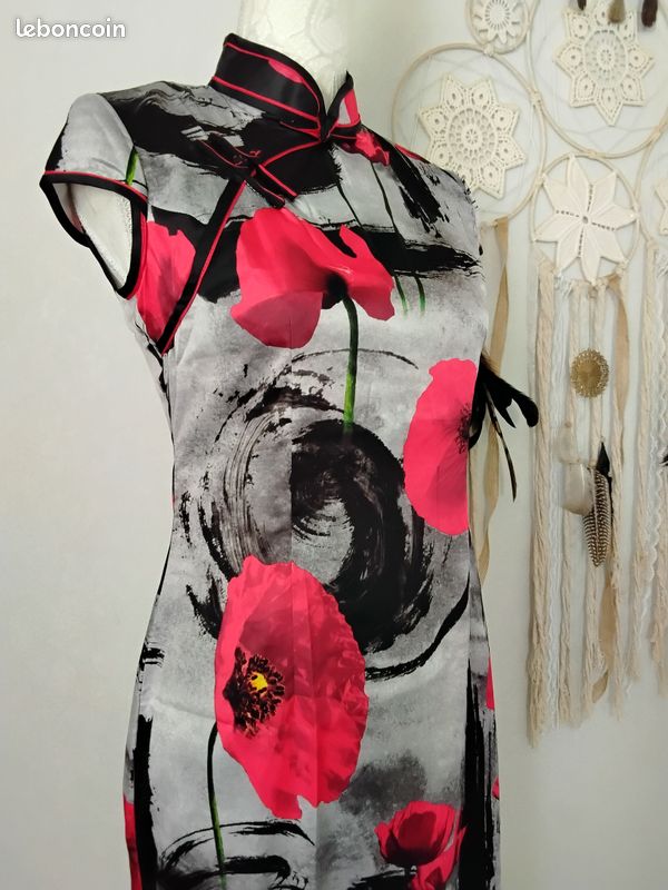 Robe longue cheongsam, noir et rouge, coquelicot (image 4)
