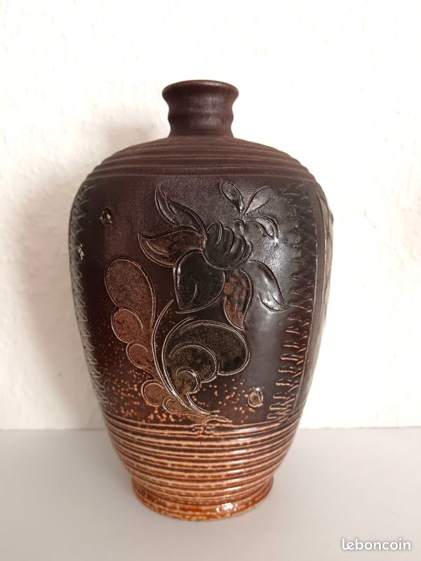 AJC ? Ancienne poterie grès motif floral (image 2)
