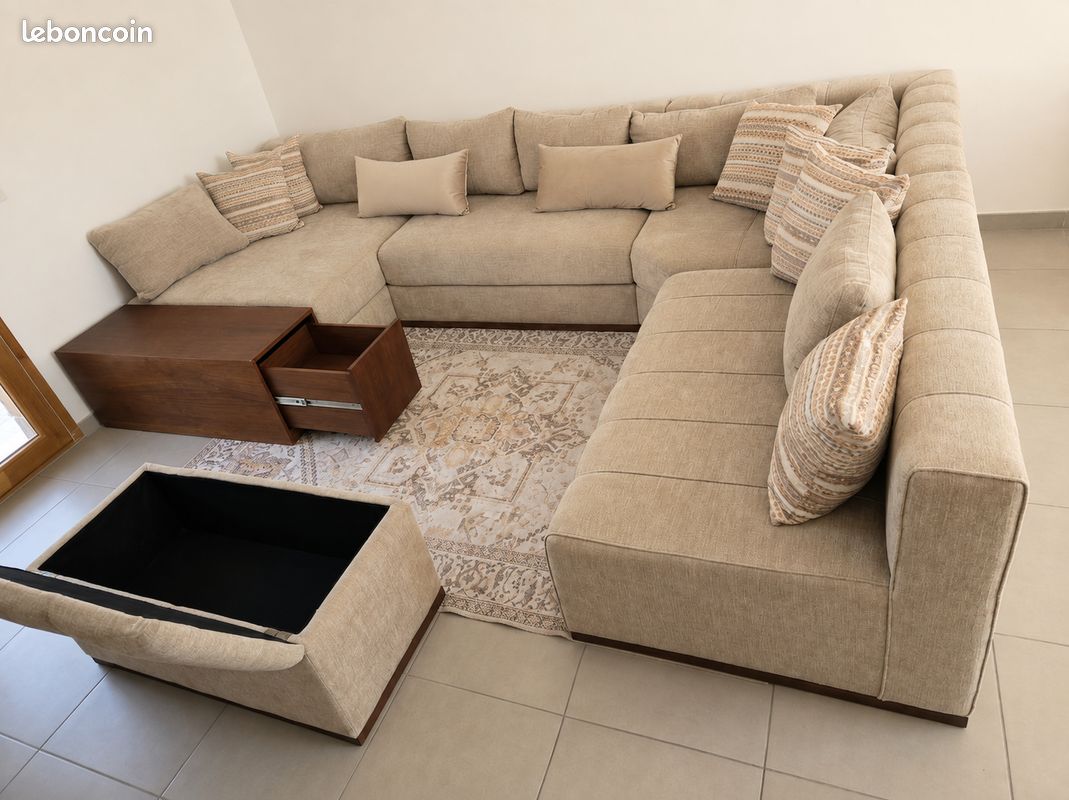 Canapé Panoramique U Sur-Mesure XXL - Noyer Massif & Tissu Anti-tache (image 2)