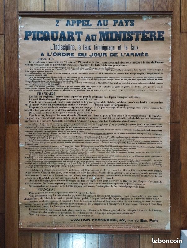 Action Française, Grande affiche entoilée, 1906, "2e Appel au Pays - Picquart au Ministère" (image 1)