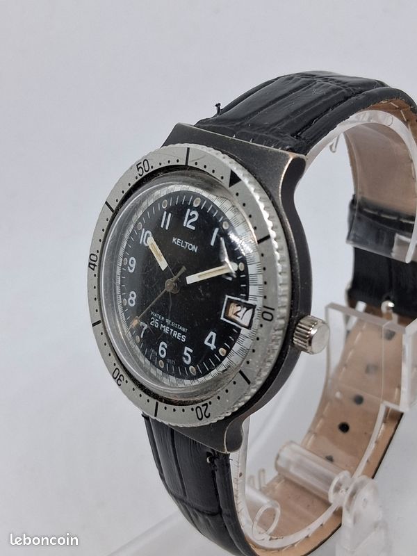Montre Automatique Vintage Kelton - Boîtier Doré, Bracelet Cuir Noir - Occasion Fonctionnelle