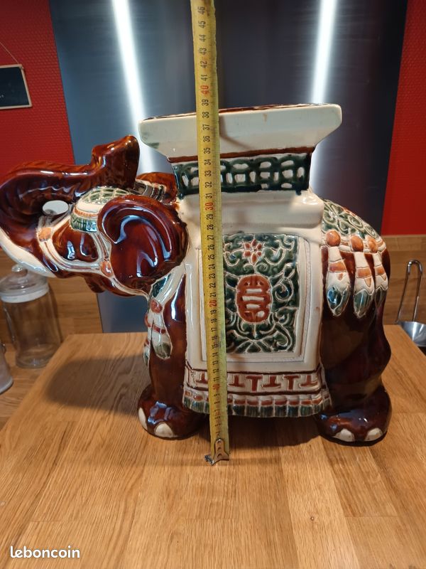 Grand éléphant céramique porte plante guéridon support bohème colonial exotique indien (image 7)