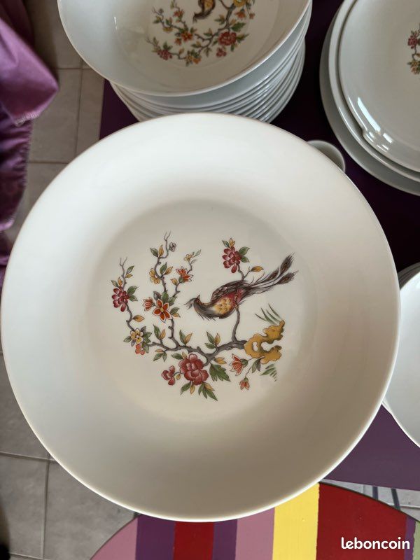 Service à Café Pillivuyt – Oiseaux De Paradis, Porcelaine Fine, Bordure Or, 1950, 6 Tasses