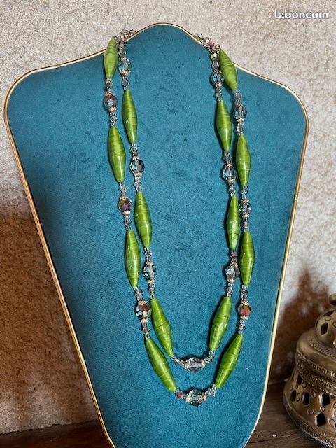 Collier Ancien 2 Rangs Perles Pâte De Verre Et Cristal De Bohême - Tons Beige Vintage