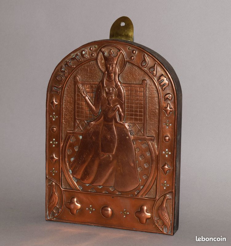 Objets religieux plaque cuivre repoussé Notre-Dame Vierge à l'Enfant couronnée (image 3)