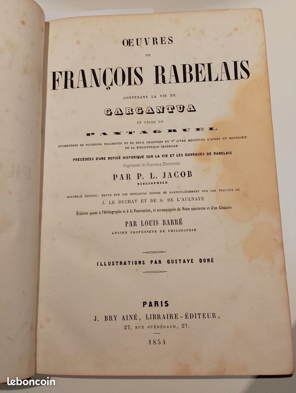 Rare Œuvre de François Rabelais. Gargantua, Pantagruel. Paris 1854 (image 4)