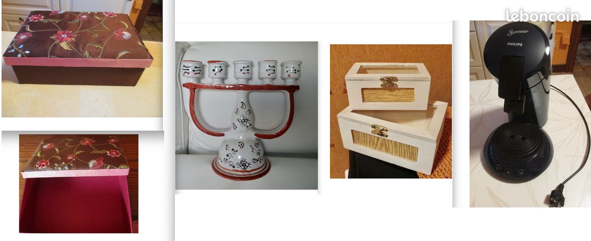 Toute une foule d’objets de décorations & autres pour votre intérieur : cafetière Senséo, tableaux, lampes à poser, coffret de rangement, compositions florales, housses voiture, nappes, assiettes, etc (image 1)