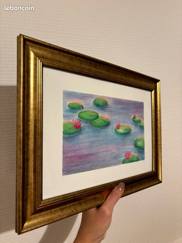 Cadre vintage doré avec dessin pastel sec Nénuphars (image 2)