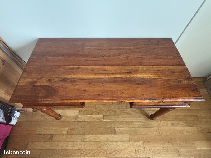 Bureau colonial acacia brun 2 tiroirs L120 cl X 60 cm (image 4)