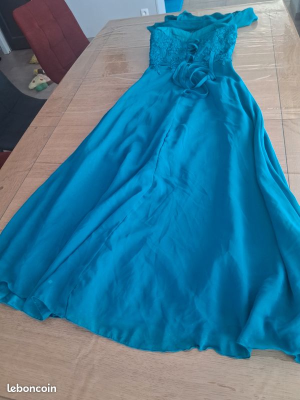 Robe de soirée JUJU & CHRISTINE Bleu Paon Dentelle + Châle - Taille M 38/40 (image 20)