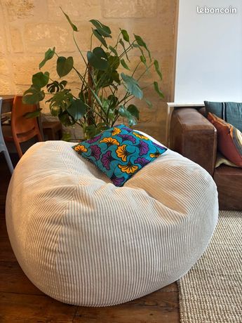 Pouf Bobochic Voltaire Neuf - Velours Côtelé Beige, 70x60 Cm