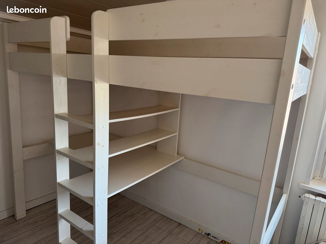 Lit mezzanine avec bureau et étagères intégrées + matelas (image 1)