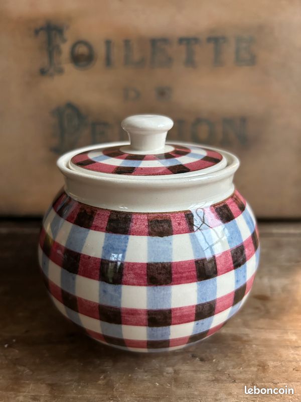 Pot couvert sucrier et presentoir Villeroy Boch Mettlach Sarre vichy peint main 8202 (image 10)