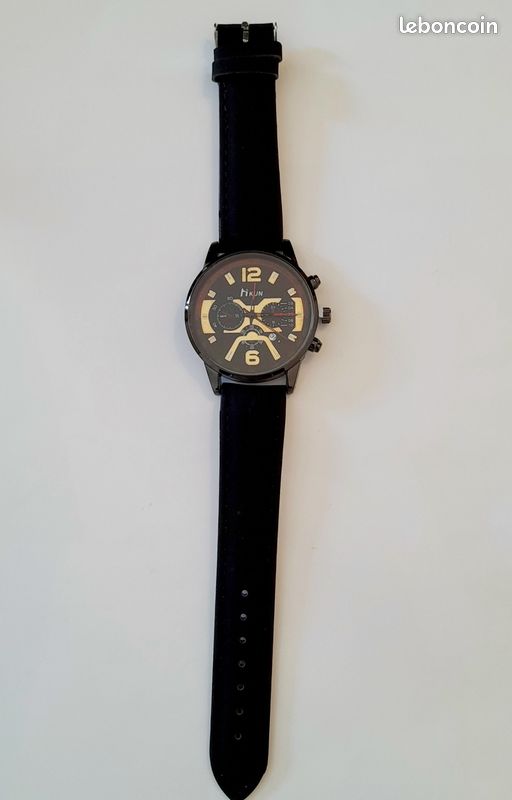 Montre Homme Quartz Avec 3 Bracelets Simili Cuir Interchangeables - Noire - Neuf
