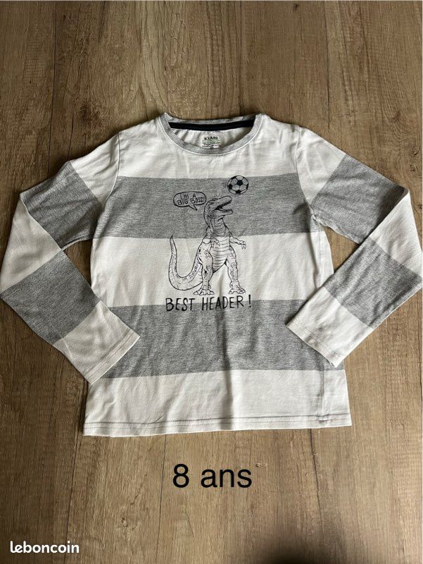 Tee shirt dinosaures rayé blanc et gris 8 ans (image 1)