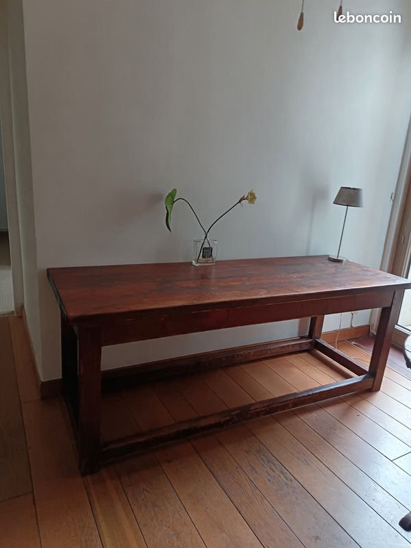 Ancienne table de ferme étroite en bois massif 2m – Bureau de métier rustique chic (image 3)