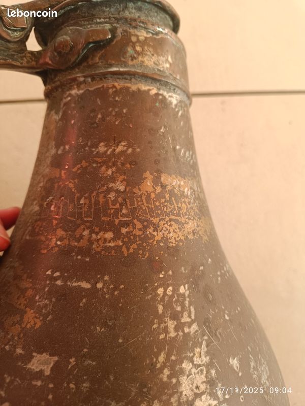 Grande aiguière ancienne en cuivre & argenture – 47 cm – pièce orientale XIXe – très décorative (image 4)
