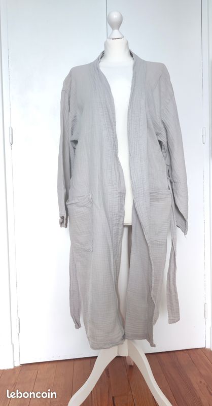 💛 Peignoir coupe kimono mixte en gaze de coton - gris taupe - taille L/XL 💛 (image 4)