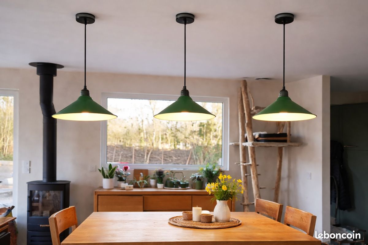 Suspension industrielle style années 50 – aluminium vert – Ø31 cm (image 1)