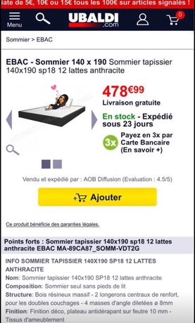 Sommier tapissier + pieds 140x190 sp18 12 lattes anthracite EBAC