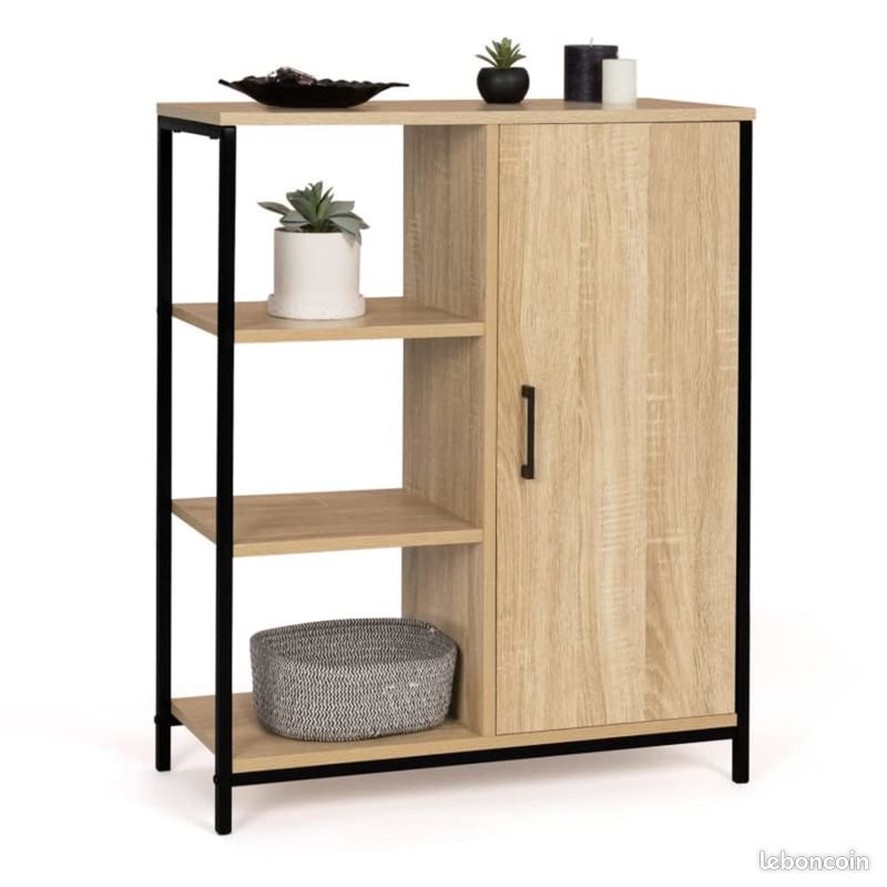 Buffet 3 Etagères et Placard Bois Métal Style Design Industriel 30P x 70l x 81H (image 1)
