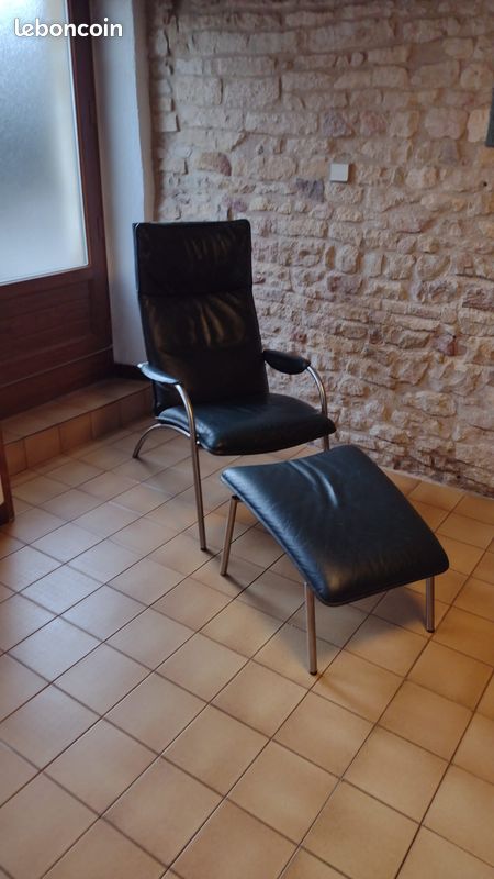 Fauteuil En Cuir Bleu Kroken Avec Repose-pieds Design Ake Fribytter Pour Nelo Mobel Annees 1970 63094