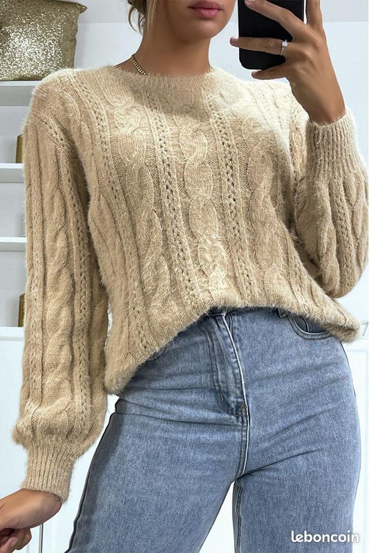 Pull couleur taupe à motif torsadé classique (image 2)