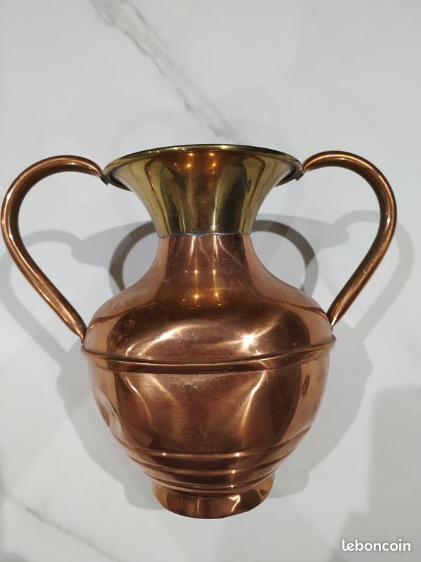 Vase Décoratif En Cuivre Avec Anse - Villedieu L. Lecellier - Hauteur 26cm