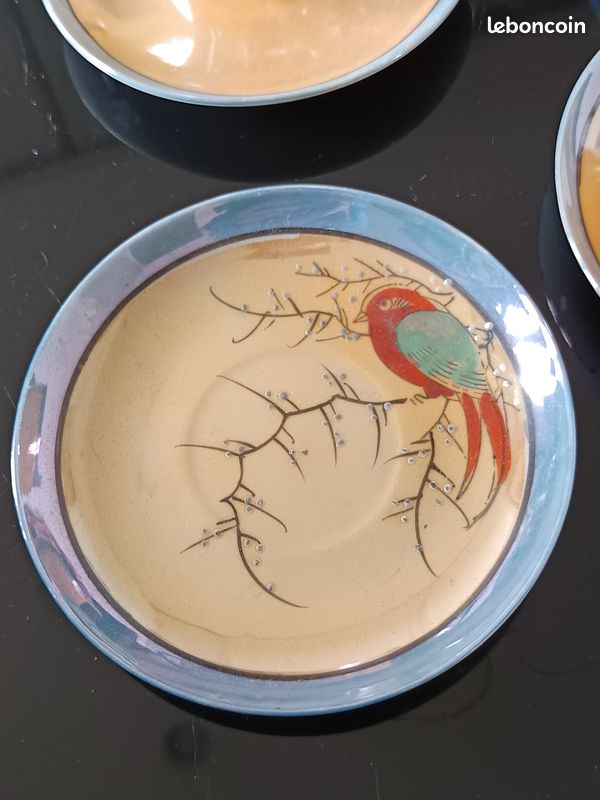 7 tasses et sucrier porcelaine japonaise Décor délicat d’oiseaux exotiques sur branches fleuries, (image 16)