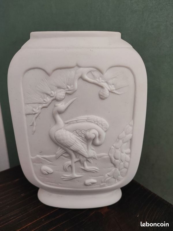 Ancien vase biscuit Marco Polo Sarreguemines, décor asiatique/ oiseau,af1604 (image 1)