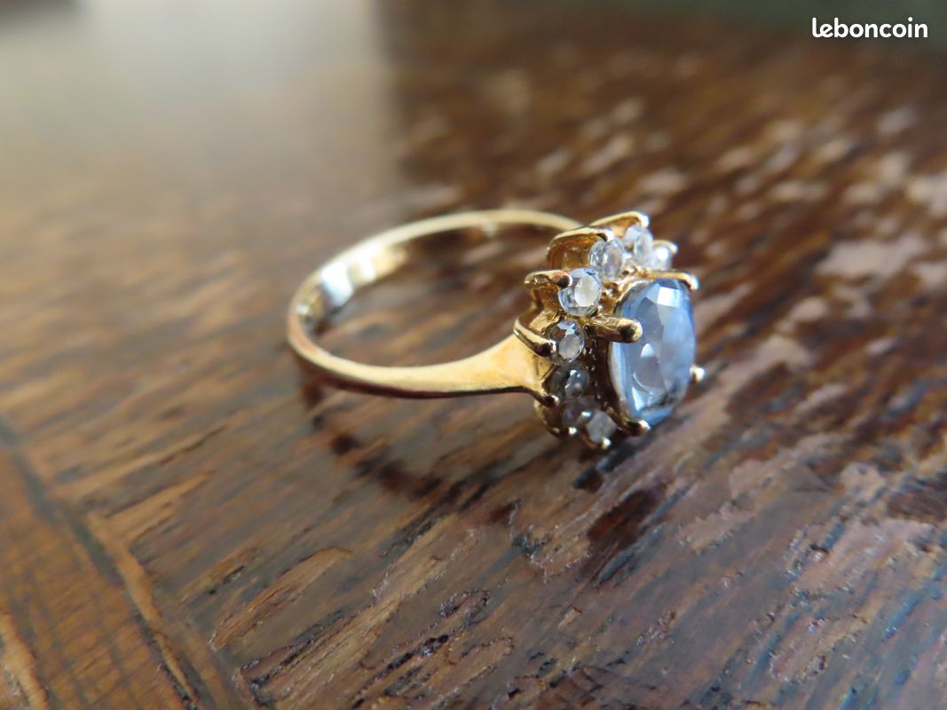 Bague Fleur Marquise Aigue-marine Plaqué Or 18K Taille 56 - Neuf Dolly-Bijoux