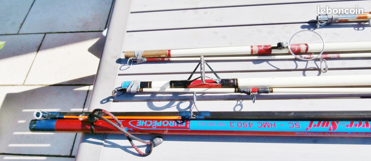 Cannes à pêche surf casting 4,5 m carbone + autres cannes en fibre de verre pleines et creuses – Pêche au gros – 1 Long piquet pour cannes surf casting – Moulinets divers petits et très gros (image 16)