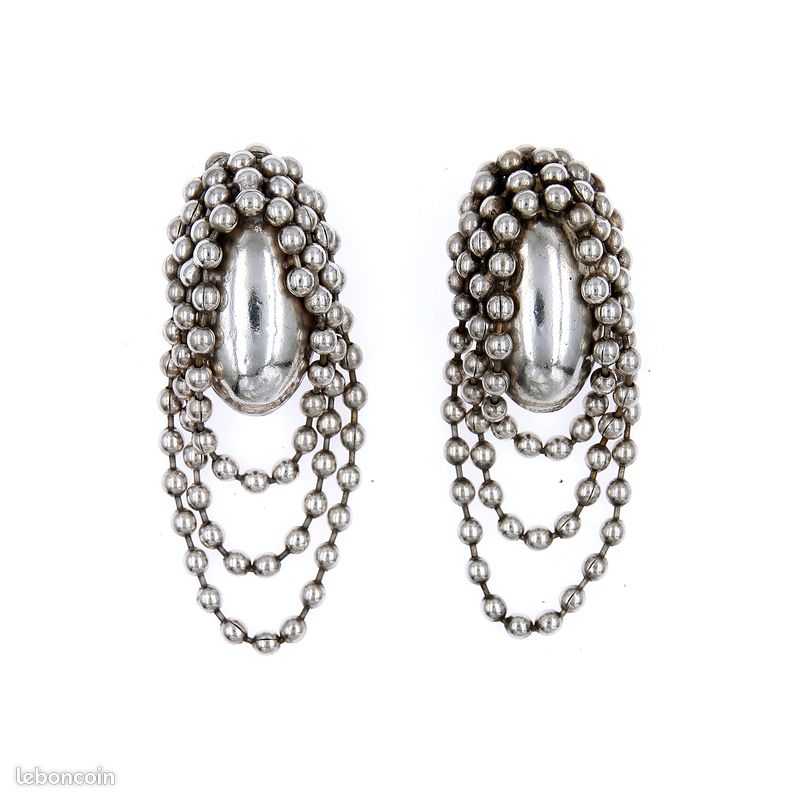 Boucles D'oreilles Clips Vintage Années 70-80 - Métal Argenté Avec Perle Couture