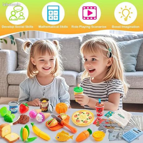 SEMKOTREE Dinette Enfant, Accessoire Cuisine Enfant Aliment Cuisine Fruits et Legumes Jouet en Bois, Jeu D'imitation Marchande Enfants Faux Billets, Euros Cadeau pour Garçons et Filles dès 3 Ans