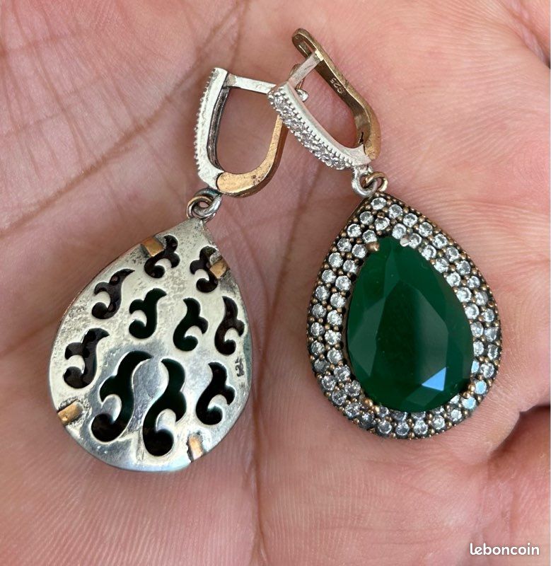 Boucles D'oreilles Argentées Dolly-Bijoux - Émeraude & CZ - Clous Fantaisie