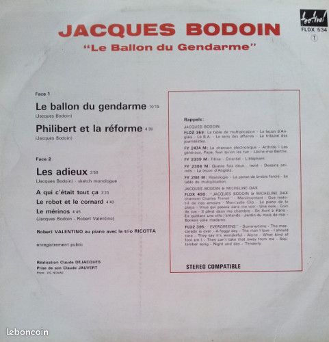Jacques Bodoin - Le Ballon Du Gendarme (33 tours) (image 2)