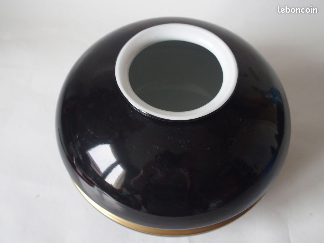Gros Vase Boule En Céramique Noire - Style Art Déco - Signé à Identifier