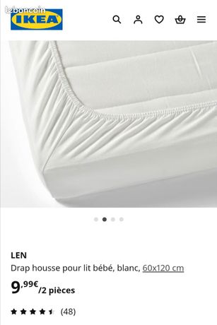 Drap housse Ikea LEN, pour lit bébé, blanc, 60x120 cm (2 pièces