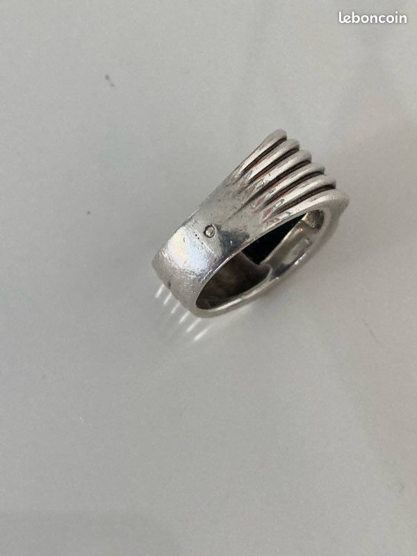 Bague Vintage Argent Massif 625 - Pierre Noire - Bijou Ancien