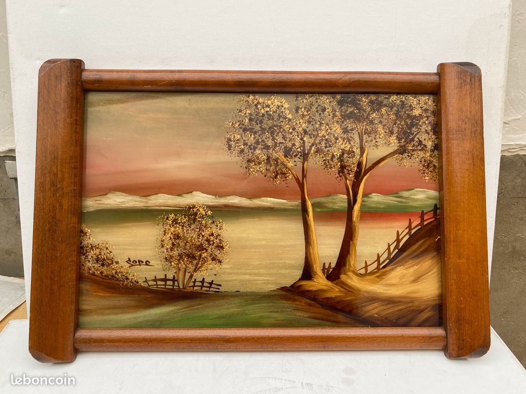 Grand Plateau En Bois Peint – Style Art Nouveau – Rouge – Vintage