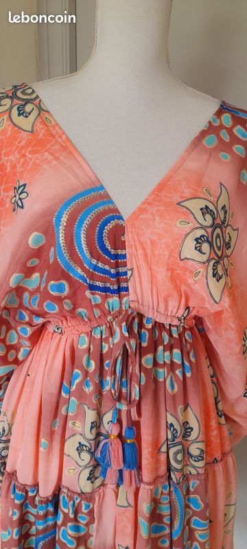 Robe D'été AGB Taille 10P Rose/orange à Fleurs - Coton/élasthanne, Longueur Genoux, Dos Nu (halter), Neuve Avec étiquette