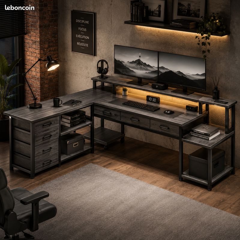 Bureau gamer 200cm L réversible LED prises USB setup gaming complet (image 3)